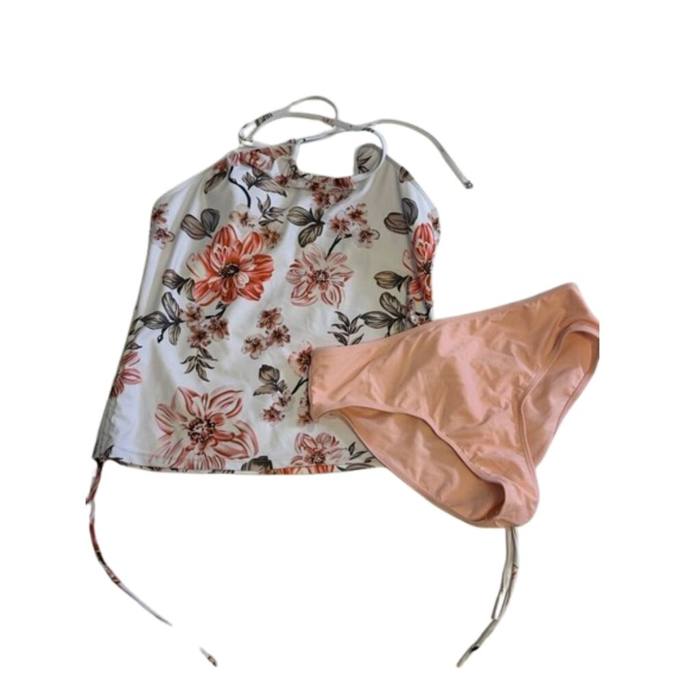 Floral Tankini Bathing Suite Size Large Lined Pink Drawstring Tie Two Piece Swim